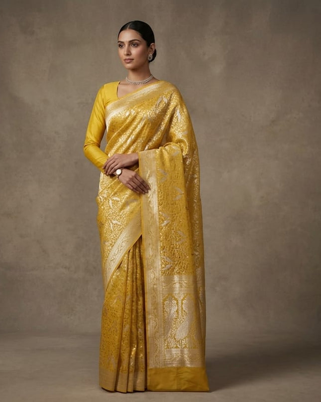 Soft Banaras Saree With Stone work and Scallop Border mirror work- Mustard