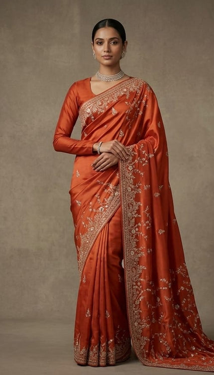 Italian Silk Saree with Zardozi Work And Scallop Border - Orange