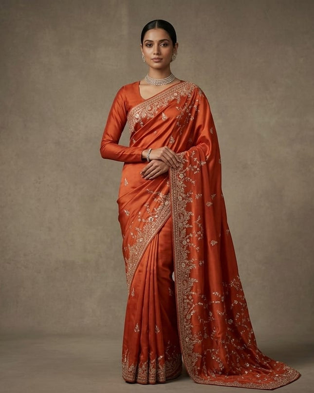 Italian Silk Saree with Zardozi Work And Scallop Border - Orange