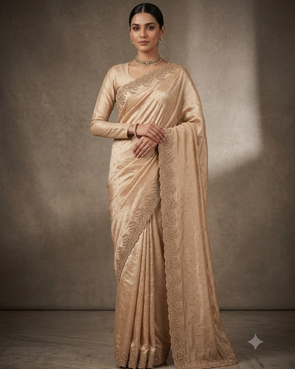 Satin Silk Saree with Stone Work And Scallop Border- Cream