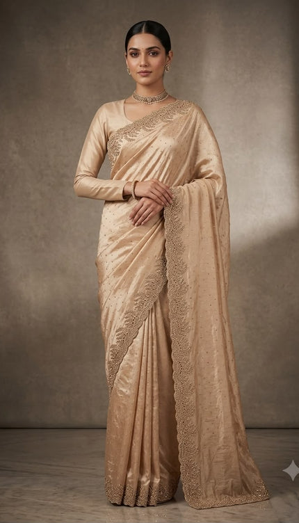 Satin Silk Saree with Stone Work And Scallop Border- Cream