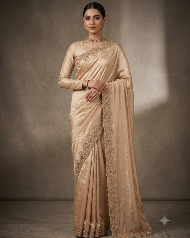 Satin Silk Saree with Stone Work And Scallop Border- Cream