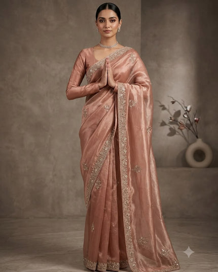 Tissue Organza Saree With Kardhana Work and scallop Border- Peach