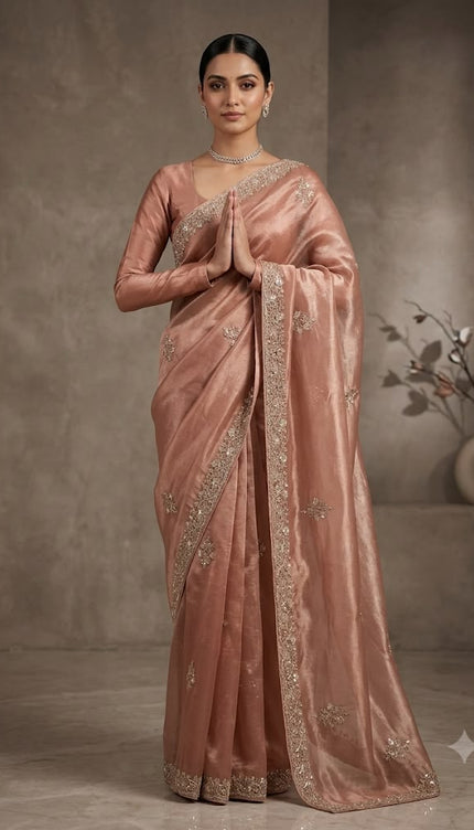 Tissue Organza Saree With Kardhana Work and scallop Border- Peach
