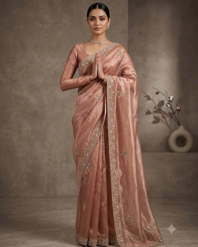 Tissue Organza Saree With Kardhana Work and scallop Border- Peach