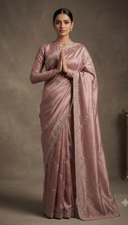 Tissue Organza Saree With Kardhana Work and scallop Border- Light peach