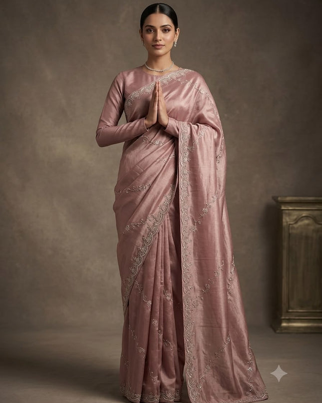 Tissue Organza Saree With Kardhana Work and scallop Border- Light peach