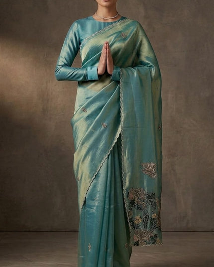 Tissue Crepe Applique Work and scallop border andPearl Work _Light Blue