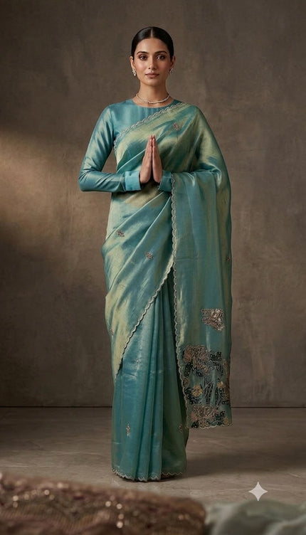 Tissue Crepe Applique Work and scallop border andPearl Work _Light Blue