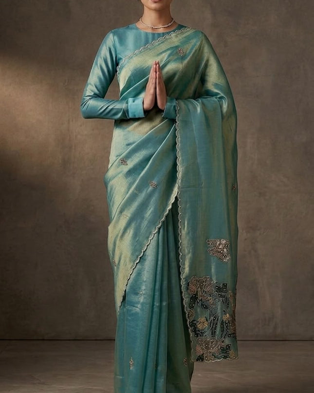 Tissue Crepe Applique Work and scallop border andPearl Work _Light Blue