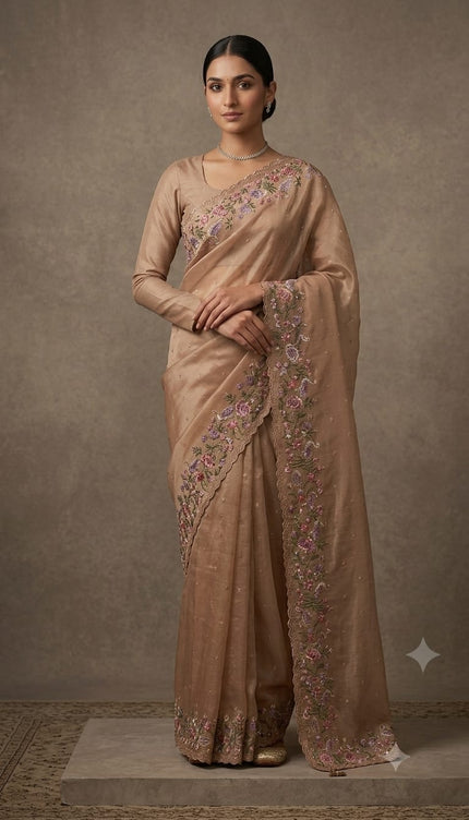 Soft Organza Tissue Saree  Thread Embroidery  Work and scallop border  - Peach