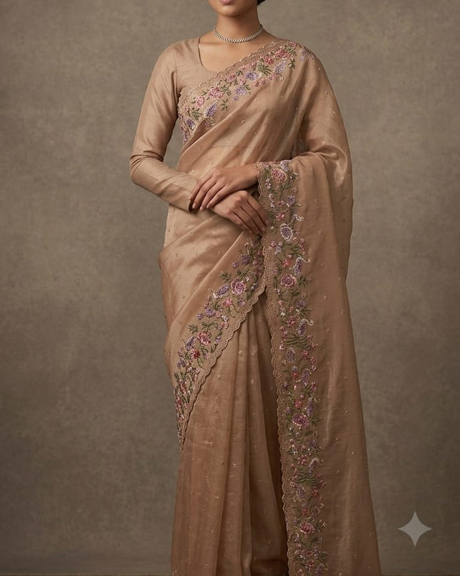 Soft Organza Tissue Saree  Thread Embroidery  Work and scallop border  - Peach