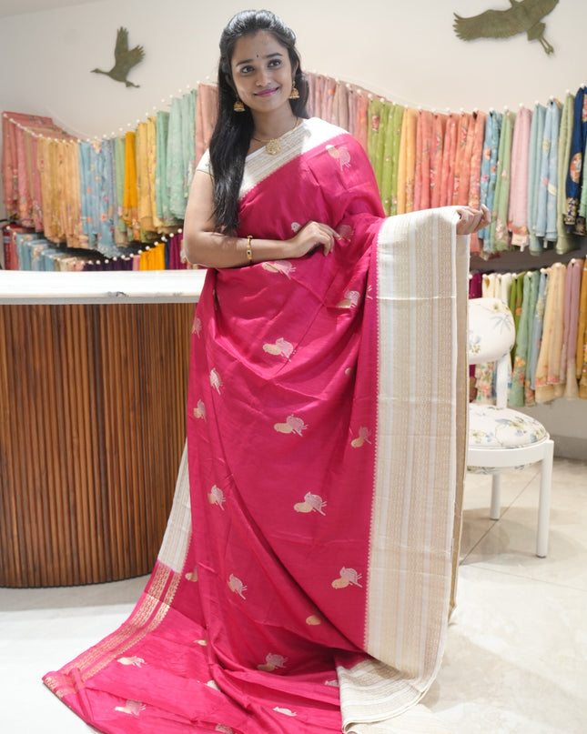 Raw silk sarees with Gold and Silver Zari Peacock design and Contrast border - Magenta