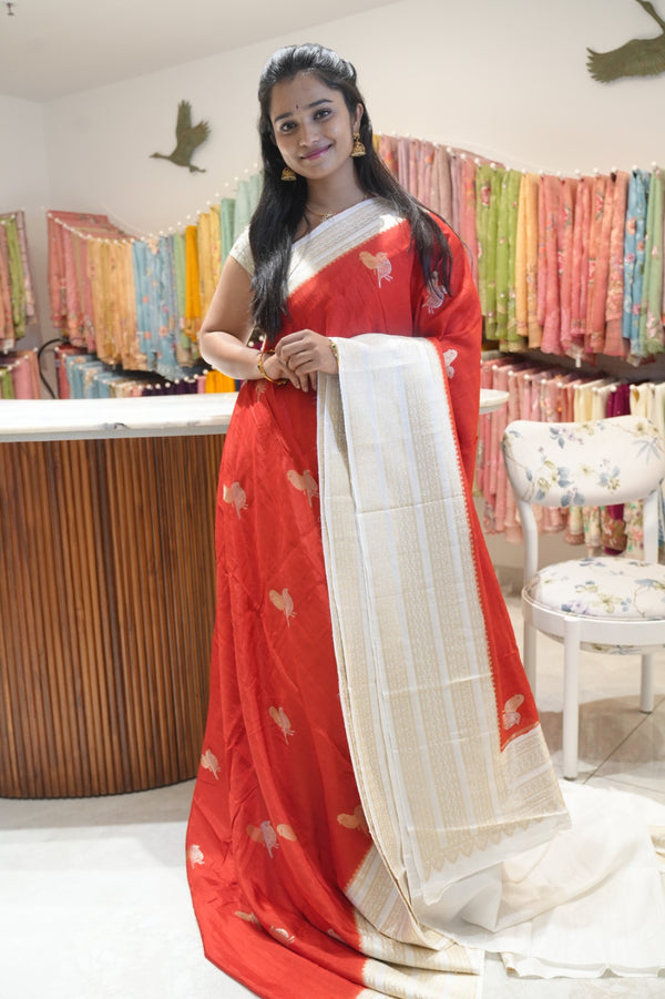 Raw silk sarees with Gold and Silver Zari Peacock design and Contrast border -Red