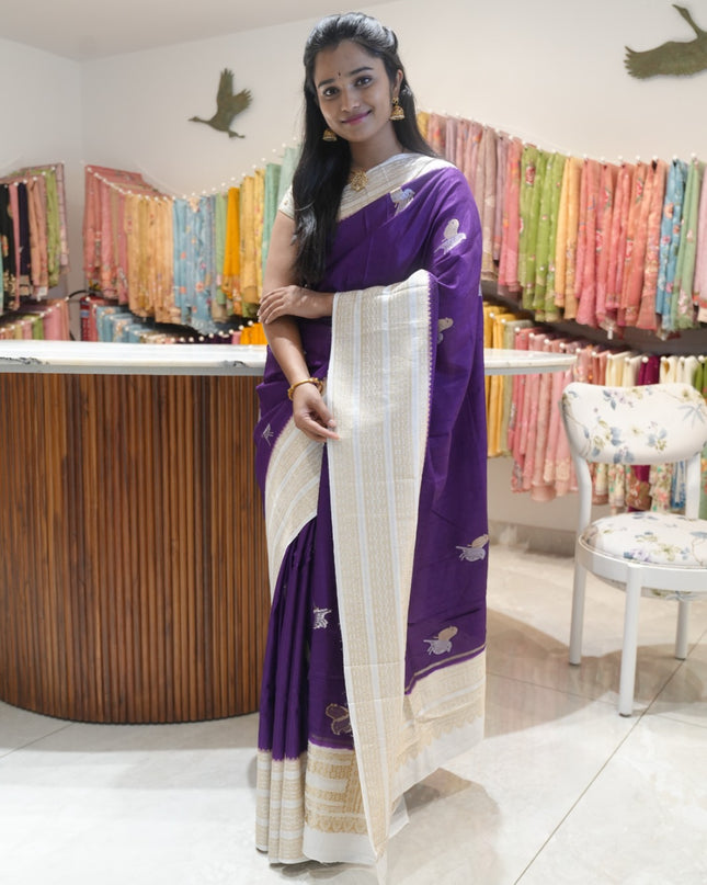 Raw silk sarees with Gold and Silver Zari Peacock design and Contrast border - Violet