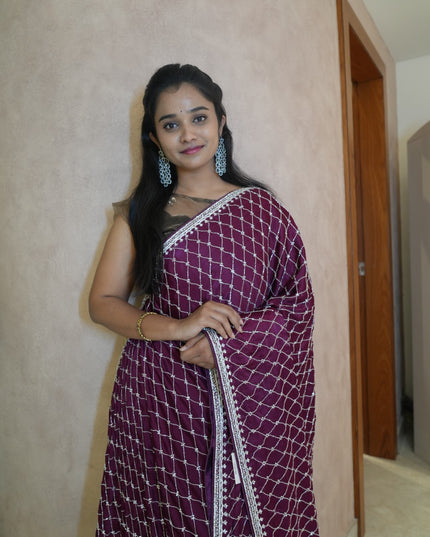 Designer Crepe Saree with Stone and Kardhana work Design  - Purple