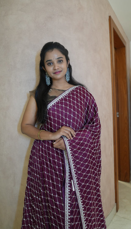 Designer Crepe Saree with Stone and Kardhana work Design  - Purple