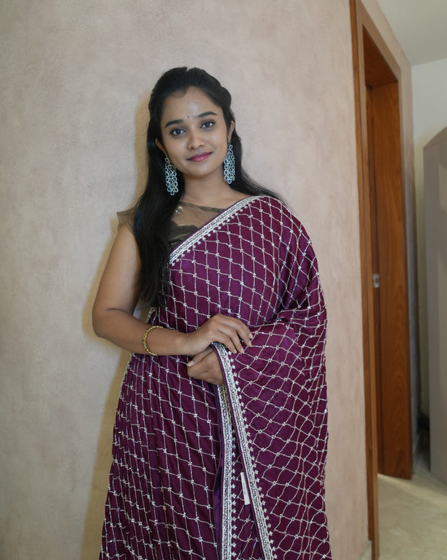 Designer Crepe Saree with Stone and Kardhana work Design  - Purple