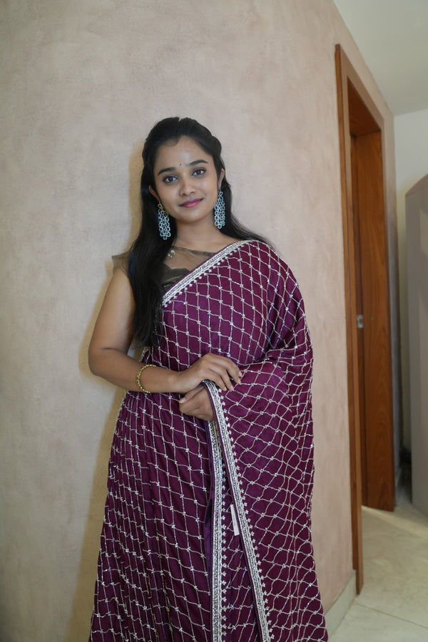 Designer Crepe Saree with Stone and Kardhana work Design  - Purple