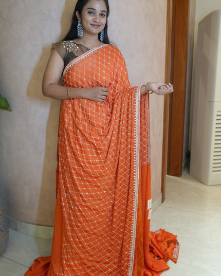 Designer Crepe Saree with Stone and Kardhana work Design  - Rust