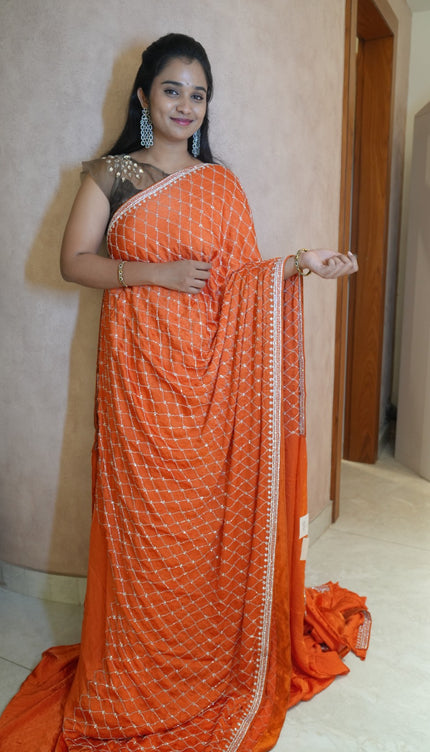Designer Crepe Saree with Stone and Kardhana work Design  - Rust