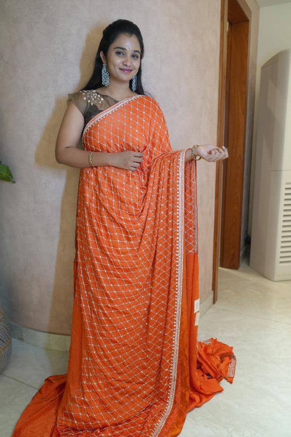 Designer Crepe Saree with Stone and Kardhana work Design  - Rust