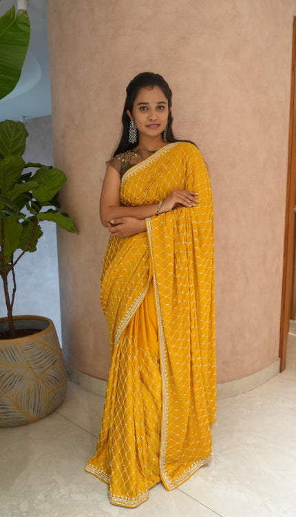 Designer Crepe Saree with Stone and Kardhana work Design  - Mustard