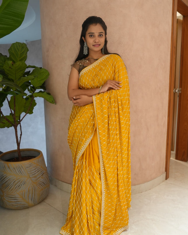 Designer Crepe Saree with Stone and Kardhana work Design  - Mustard