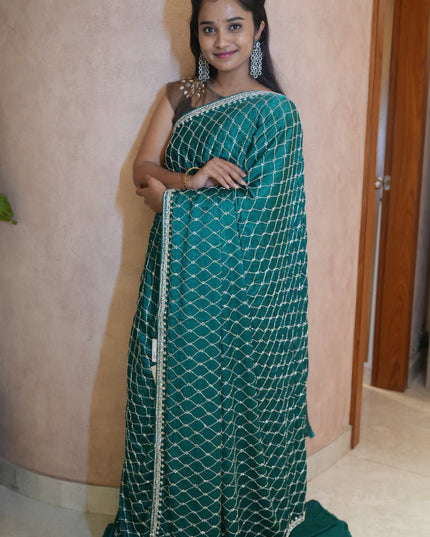 Designer Crepe Saree with Stone and Kardhana work Design  - Peacock Green