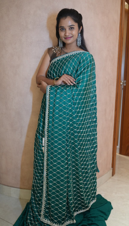 Designer Crepe Saree with Stone and Kardhana work Design  - Peacock Green