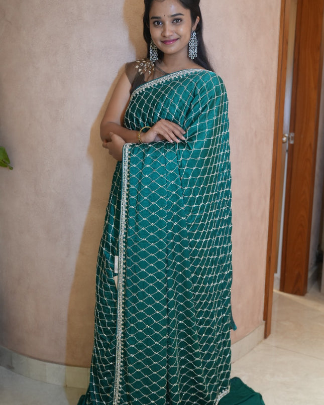 Designer Crepe Saree with Stone and Kardhana work Design  - Peacock Green