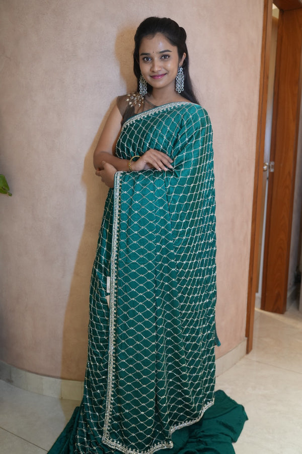 Designer Crepe Saree with Stone and Kardhana work Design  - Peacock Green