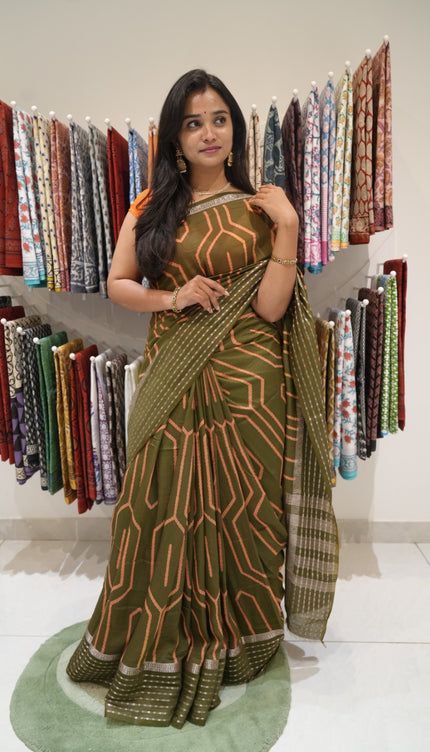 Dola silk sarees with Geometrical Design and Zari Stripes Border- Mehandi green