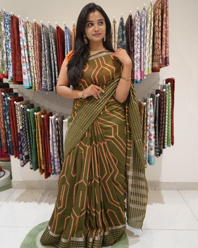 Dola silk sarees with Geometrical Design and Zari Stripes Border- Mehandi green