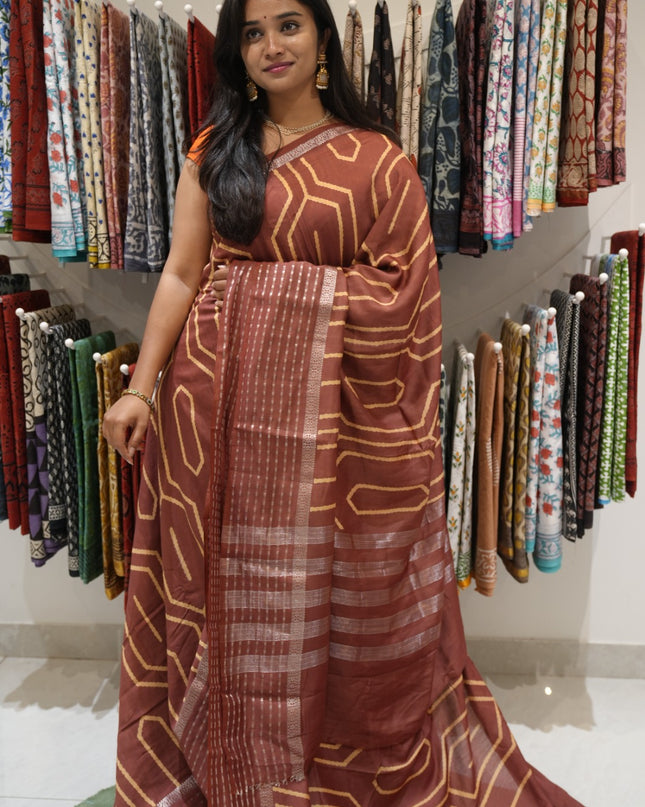 Dola silk sarees with Geometrical Design and Zari Stripes Border- Brick