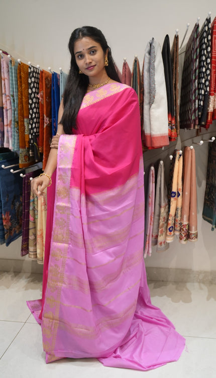Mysore Silk sarees with  Gandaberunda Design  Contrast  Border - Pink