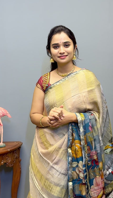 Crepe Silk Saree with  Floral Print with Contrast  Border - Grey & Blue