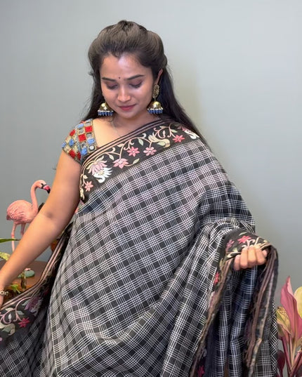 Tusser Silk Saree With CHecks Design and  Thread Embroidery Border - Black