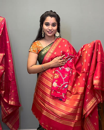 Munga Silk Saree With Gold and Silver Peacock and Elephant Butties Golden  Zari Elephant Design  Border -Pink