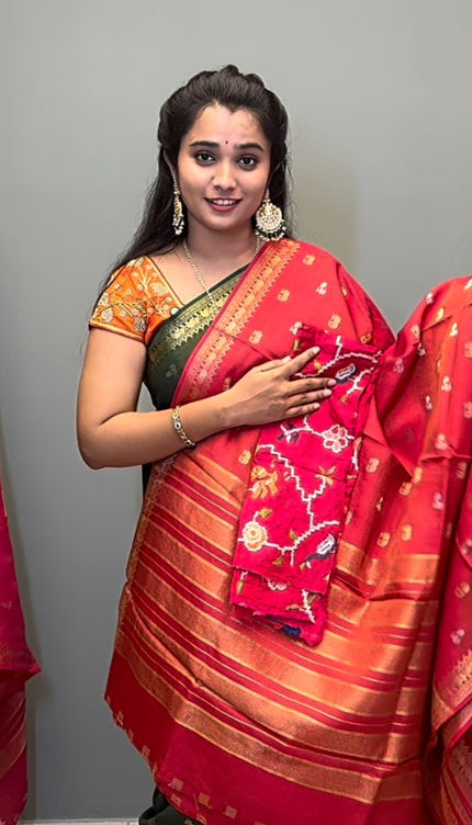Munga Silk Saree With Gold and Silver Peacock and Elephant Butties Golden  Zari Elephant Design  Border -Pink