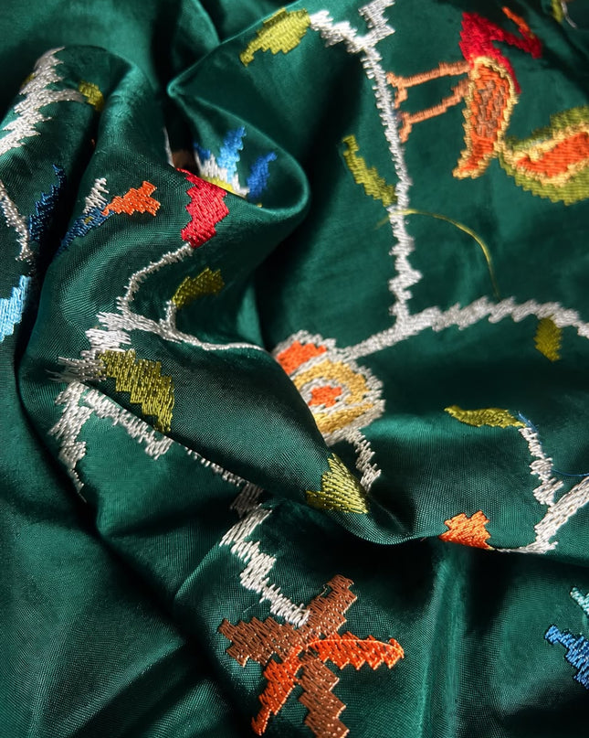 Munga Silk Saree With Gold and Silver Peacock and Elephant Butties Golden  Zari Elephant Design  Border -Bottle Green