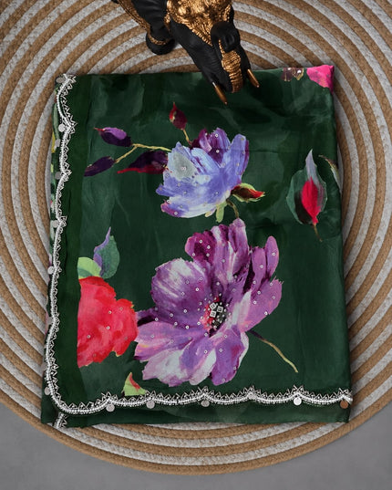 Soft Crepe Saree with All over Digital Prints and Sequences work and Scallap Border- Green