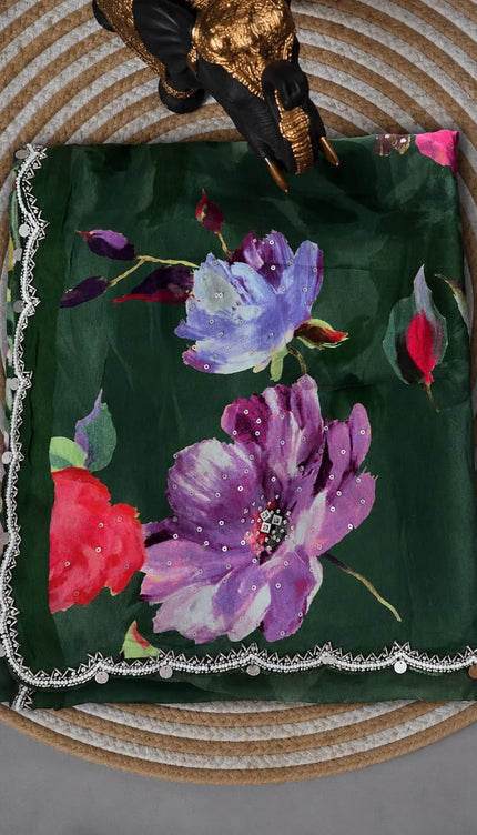 Soft Crepe Saree with All over Digital Prints and Sequences work and Scallap Border- Green