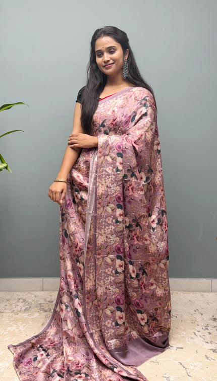 Crepe Saree with Digital Printed with small Border- Lavender