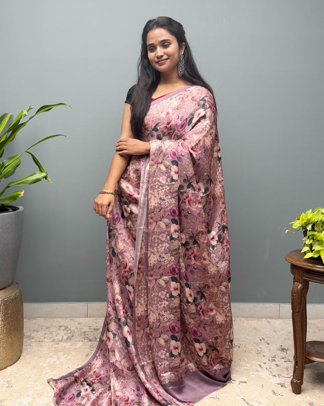 Crepe Saree with Digital Printed with small Border- Lavender
