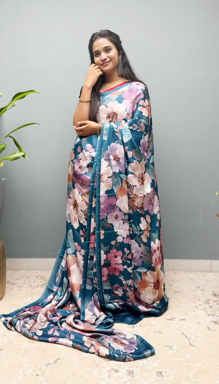 Crepe Saree with Digital Printed with small Border- Rama Green