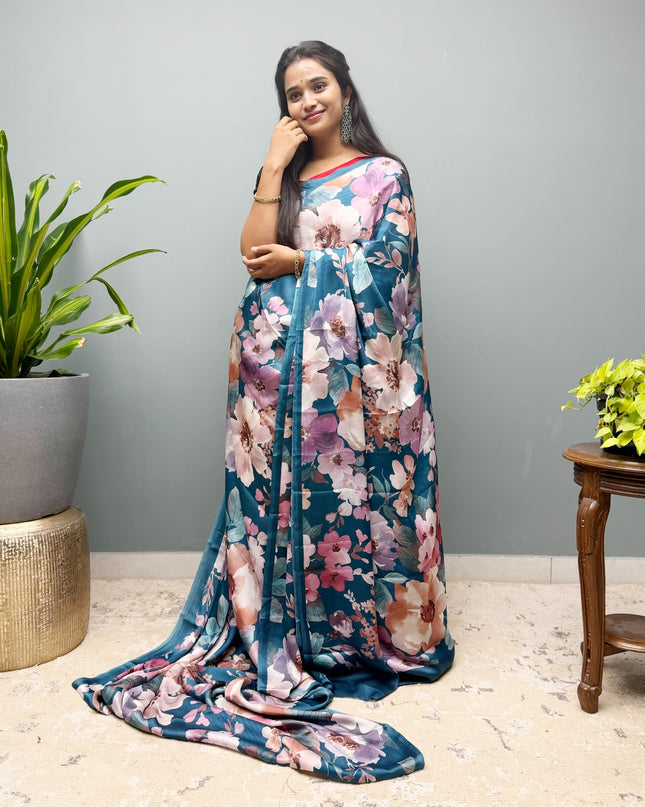 Crepe Saree with Digital Printed with small Border- Rama Green