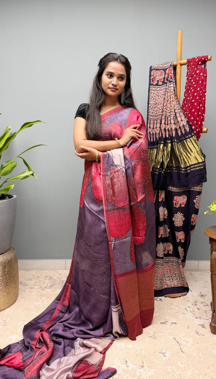 Crepe Saree with Digital Printed with small Border- Onion Pink