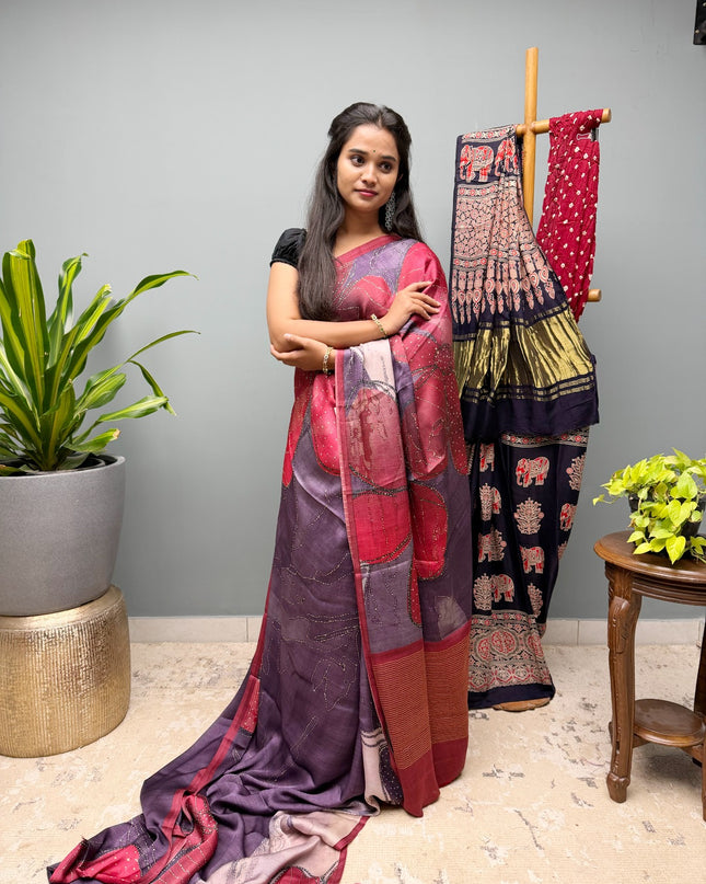 Crepe Saree with Digital Printed with small Border- Onion Pink