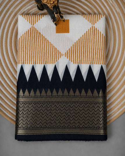 Koren Crepe  Saree With Geometrical Design Ganga Jamuna Border-  Beige